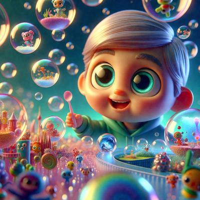The primary subject of the image is a young boy with blonde hair, wearing a green hoodie, and holding a pink lollipop. He is surrounded by a variety of colorful bubbles, which create a playful and lively atmosphere. The setting appears to be a fantasy world, with the boy standing in the middle of the scene. The visual style of the image is a combination of digital art and illustration, creating a vibrant and imaginative scene. The colors and mood of